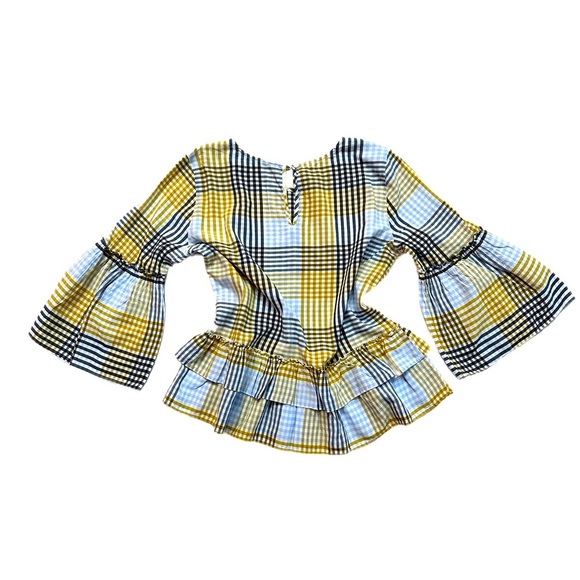 Ann Taylor Factory Tops - ANN TAYLOR ~ Plaid Bell Sleeve Ruffle Bottom Top in Yellow and Blue size S